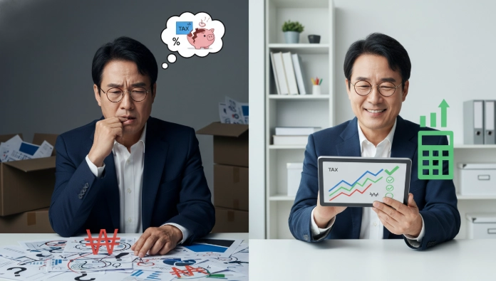 IRP 중도해지 전 복잡한 서류를 보고 고민하는 한국인 남성과, 명확한 가이드를 통해 문제 해결 후 안심하는 한국인 남성의 모습을 대비하여 보여주는 분할 화면 이미지.