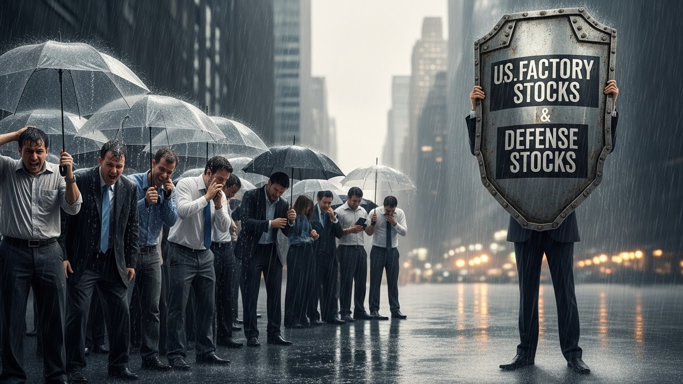 Unlike people getting wet under leaky umbrellas on a rainy day, a wise investor is blocking the rain with a sturdy shield (US factorydefense stocks).