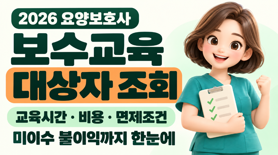 요양보호사 보수교육 대상자 조회｜짝수년도 출생자&middot;8시간&middot;교육비 36,000원&middot;95,000원 지원&middot;면제조건