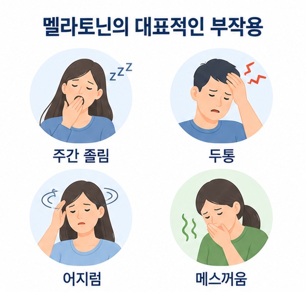 주간 졸림과 두통, 어지럼, 메스꺼움 등 멜라토닌의 흔한 부작용을 정리한 이미지