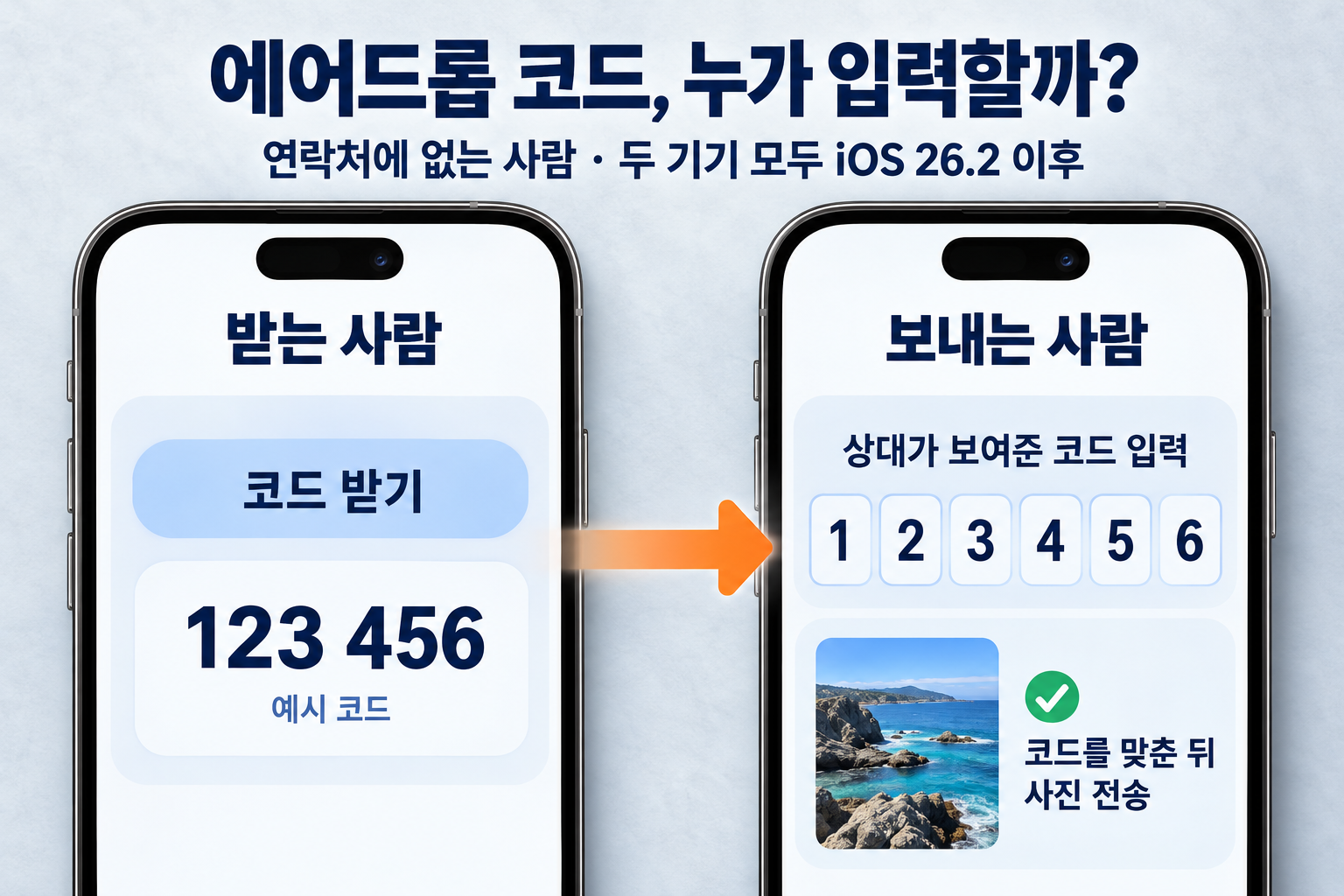 받는 사람이 보여준 예시 코드를 보내는 사람이 입력하는 에어드롭 순서