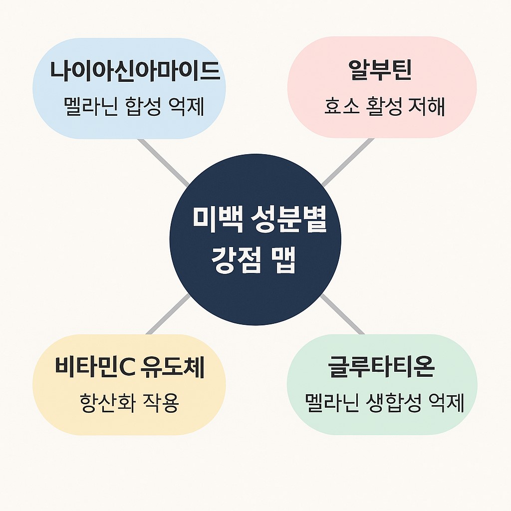 미백 성분별 강점 맵: 나이아신아마이드·알부틴·트라넥삼산·비타민C 유도체·글루타티온 비교