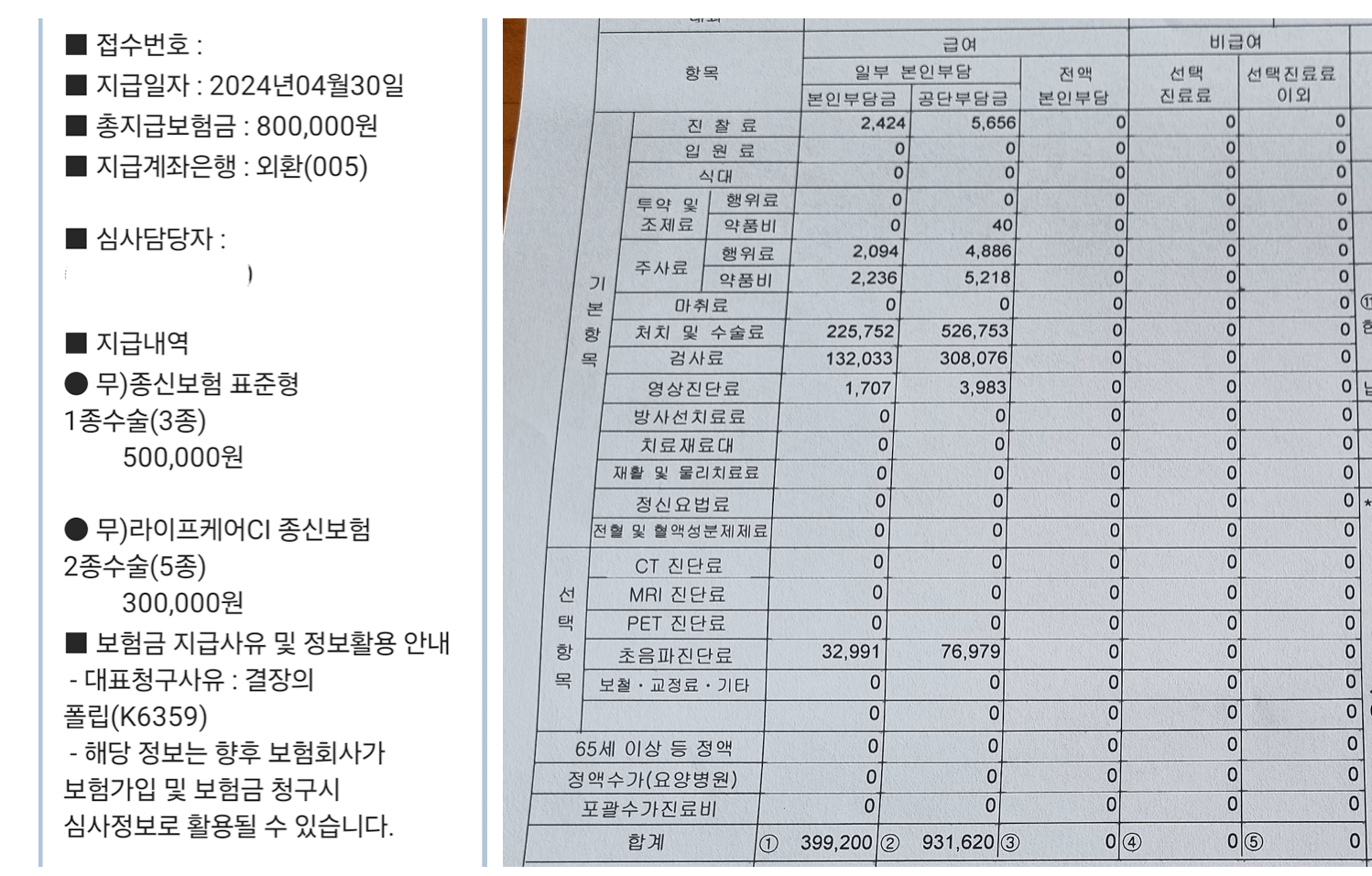용종제거 비용 및 보험청구 금액