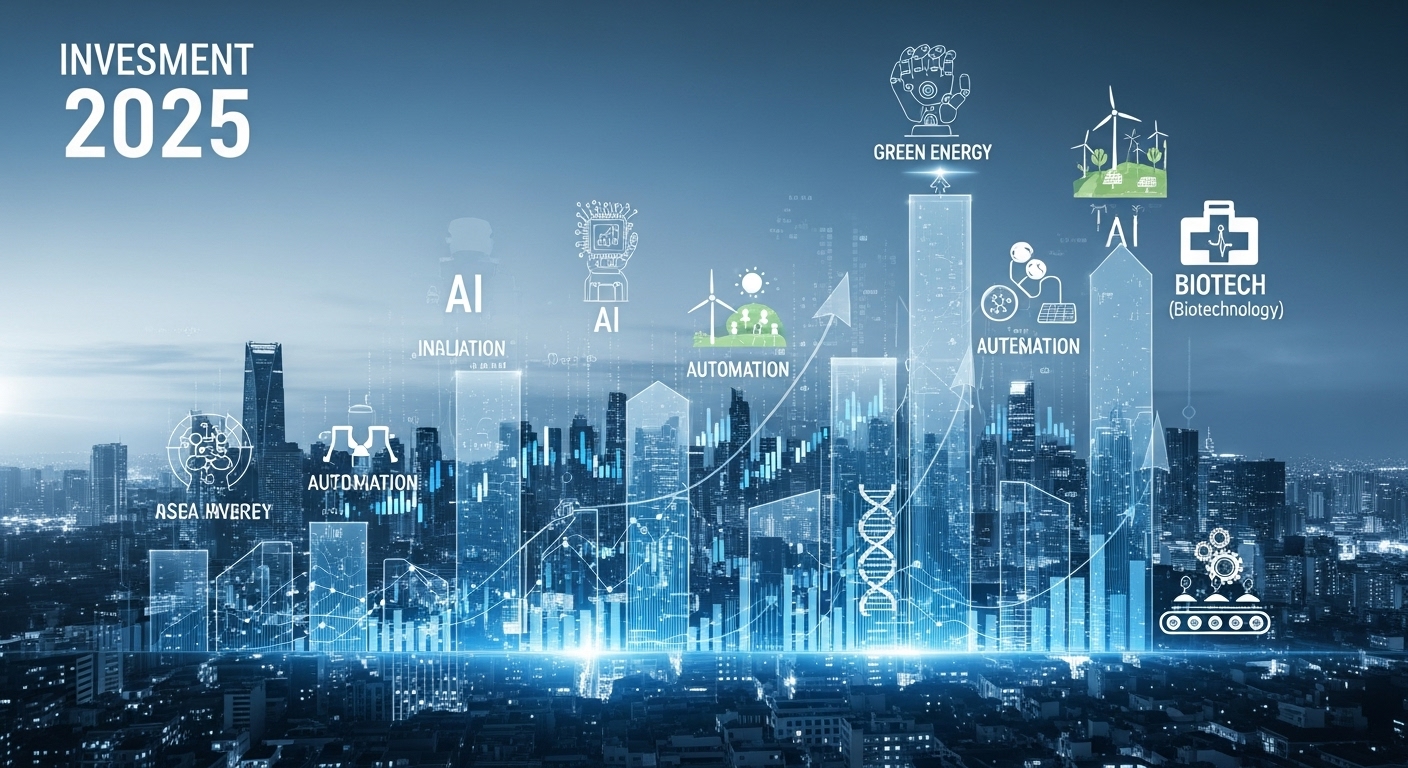 2025년 유망투자섹터(AI 친환경 에너지, 바이오 등)를 상징하는 미래 도시 전경