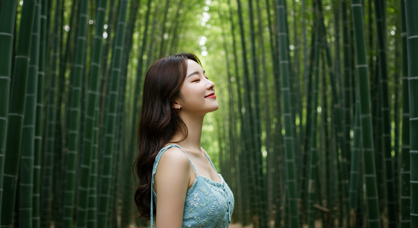 교토 대나무숲에서 숨을 깊게 들이쉬는 귀여운 한국인 여성