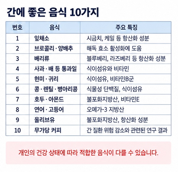 잎채소 브로콜리 베리 통과일 통곡물 콩 견과류 등푸른생선 올리브유 무가당 커피의 간 건강 식단 장점을 표로 정리한 이미지