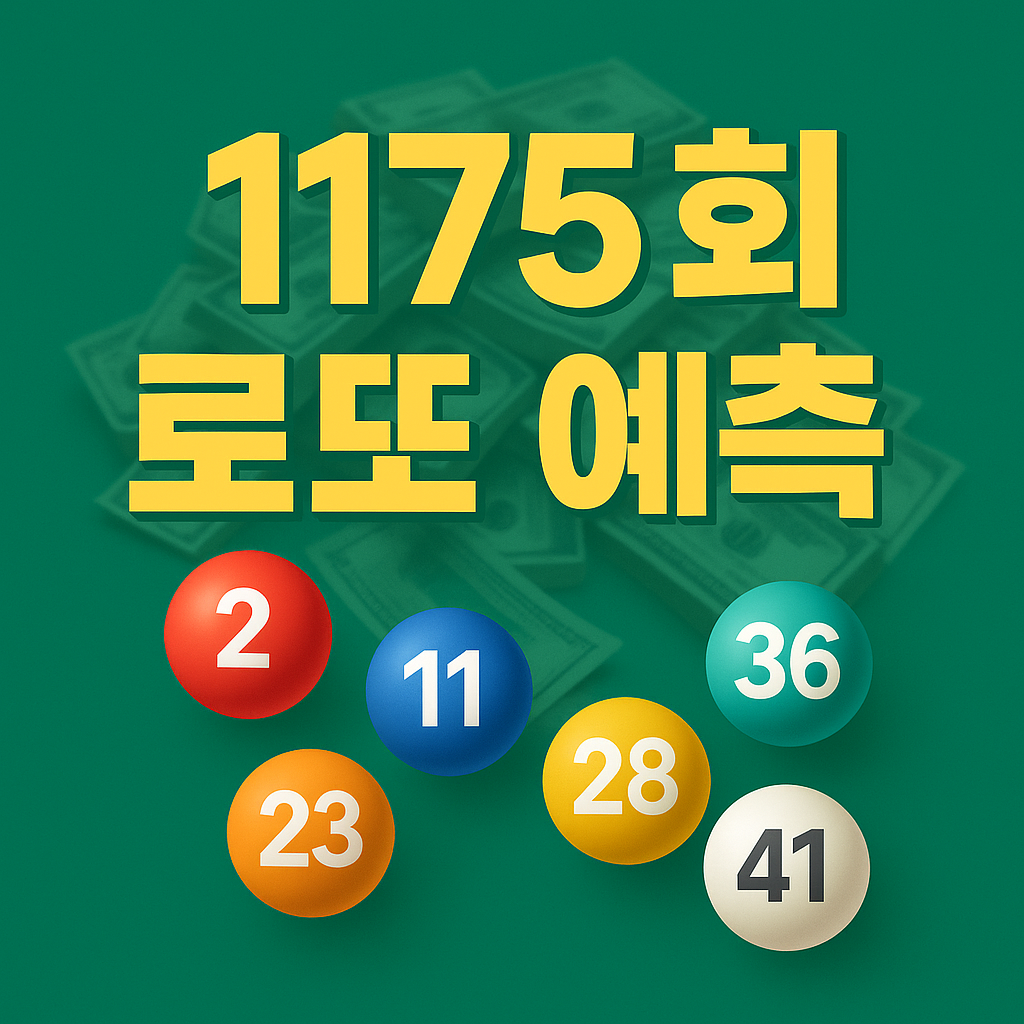 1175회 로또 예측 번호 이미지, 로또공과 달러 배경