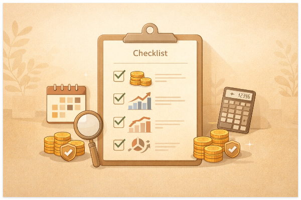 월배당 ETF 투자 전 확인할 체크리스트를 표현한 베이지 톤 일러스트