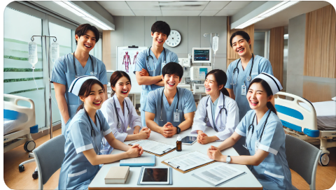 동료들과 업무 회의 중인 남자 간호사