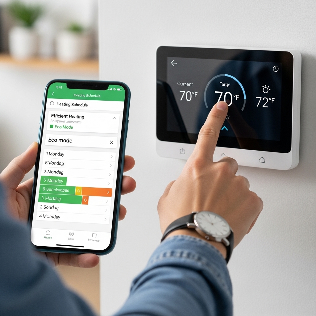 스마트 온도 조절기 화면에서 온도를 조절하는 손과 스마트폰 앱, 효율적인 난방 스케줄을 보여주는 모습.