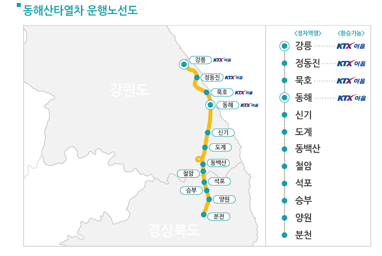 동해산타열차 운행노선도