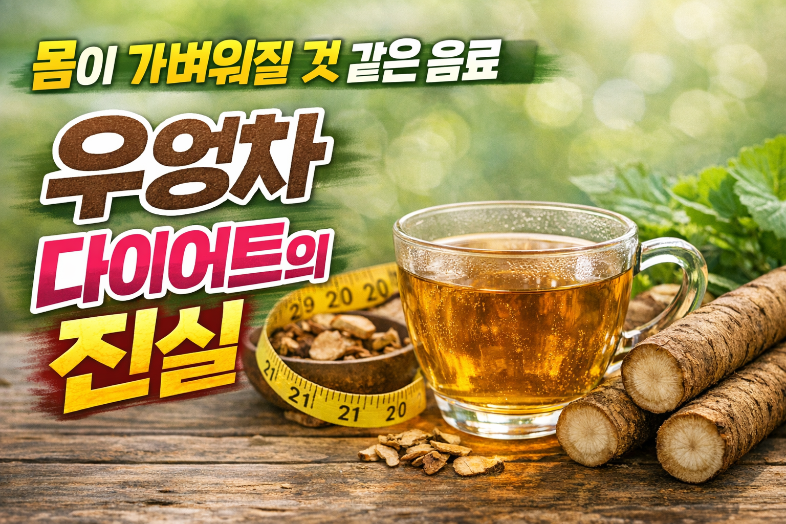 우엉차 다이어트 개념을 표현한 이미지로, 유리잔에 담긴 우엉차와 우엉 뿌리, 줄자 소품이 함께 놓여 있는 장면