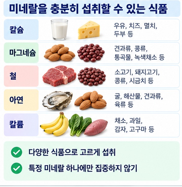 철 마그네슘 아연 칼륨 칼슘 부족이 몸에 미칠 수 있는 영향을 정리한 이미지