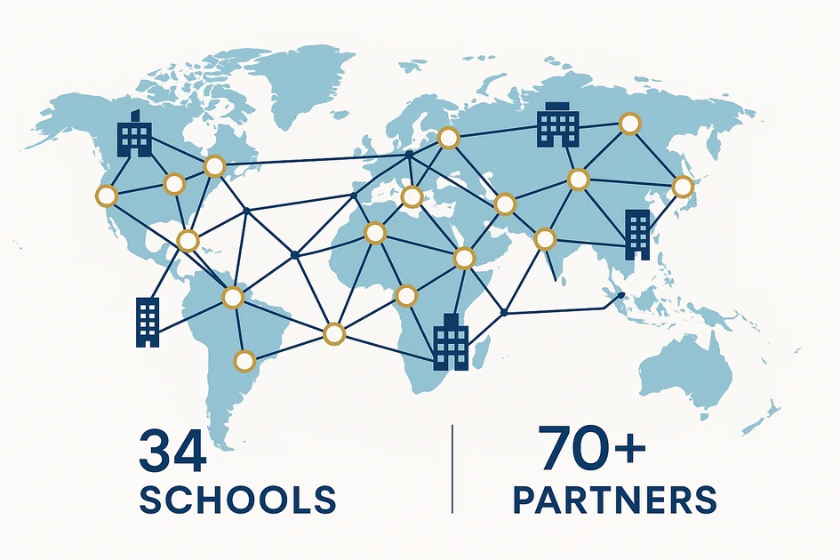 CEMS 글로벌 경영교육 연합 네트워크 - 34개국 최고 비즈니스스쿨과 70개 기업 파트너 연결도