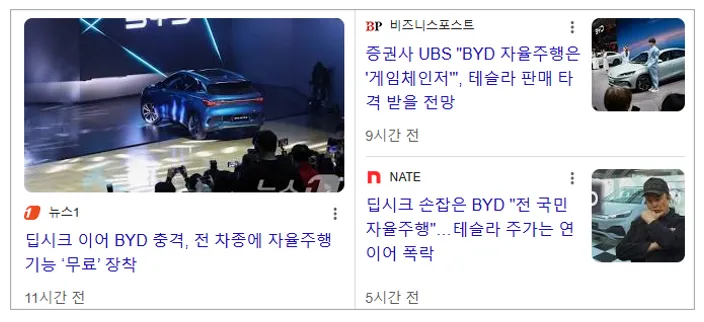중국 전기사 BYD의 자율주행 기능 무료 장착 기사 이미지