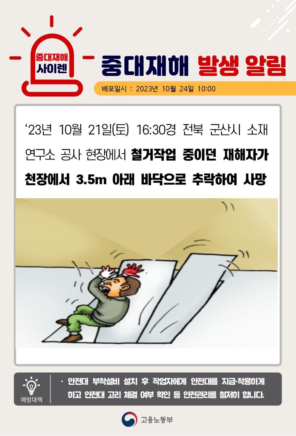 철거 작업 중 천장에서 떨어짐(3.5m)