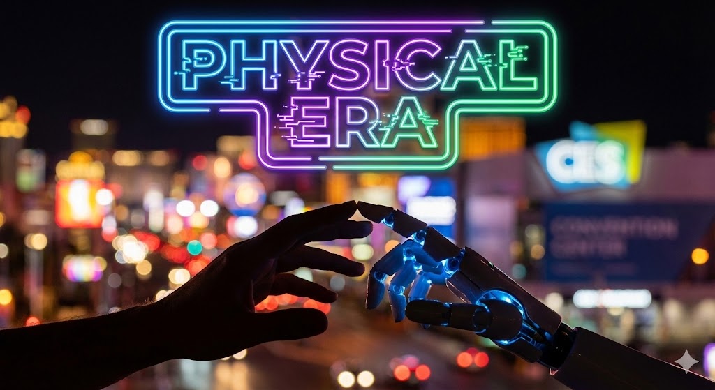 CES 2026 행사장의 화려한 불빛을 배경으로, 미래형 로봇과 인간이 악수를 하는 실루엣 이미지. 그 위로 'Physical AI Era'라는 네온 사인이 빛나는 감성적인 컷