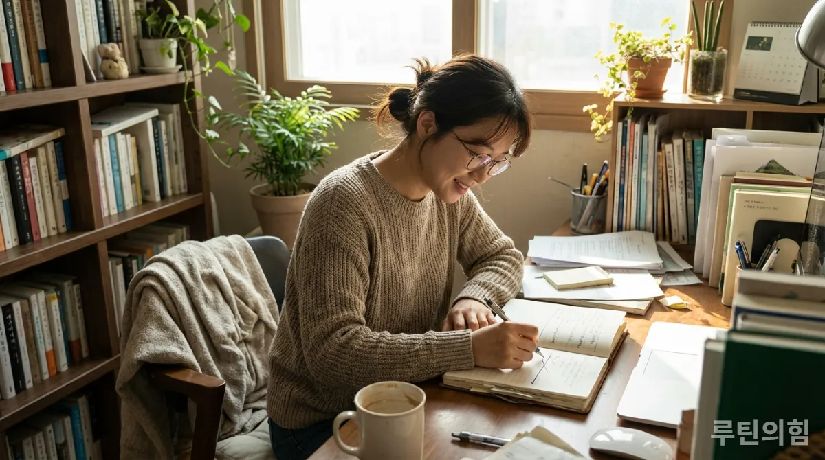 작은 목표를 달성하고 체크리스트에 표시하는 한국 여성