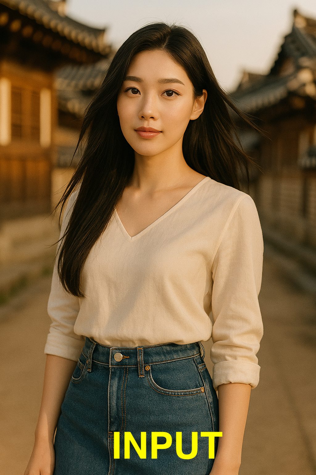 나노바나나 사용전 샘플 이미지(한옥마을배경에 서 있는 한국여성)