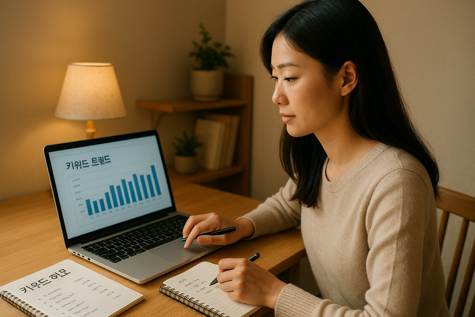 키워드 트렌드를 분석하는 여성 블로거