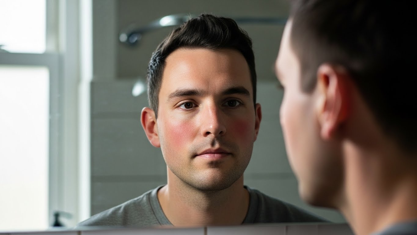 자연광 아래에서 거울을 보는 성인 남성