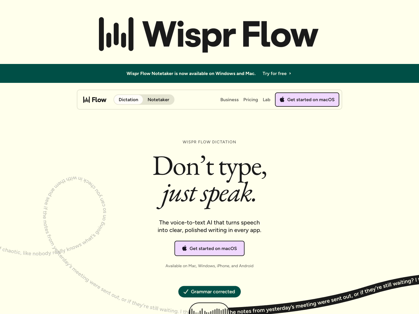 Wispr Flow 공식 홈페이지 첫 화면 캡처와 공식 로고