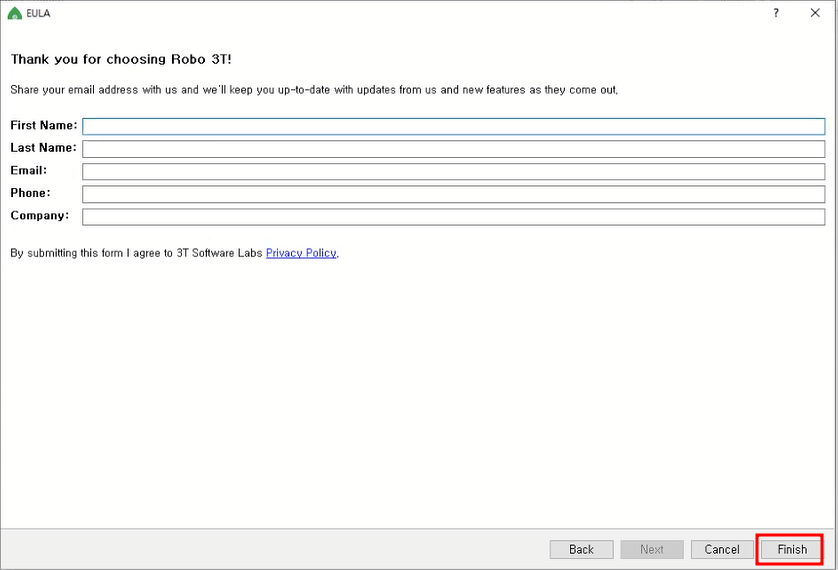 여기서 입력하지말고, 바로 Finish 버튼 클릭하기