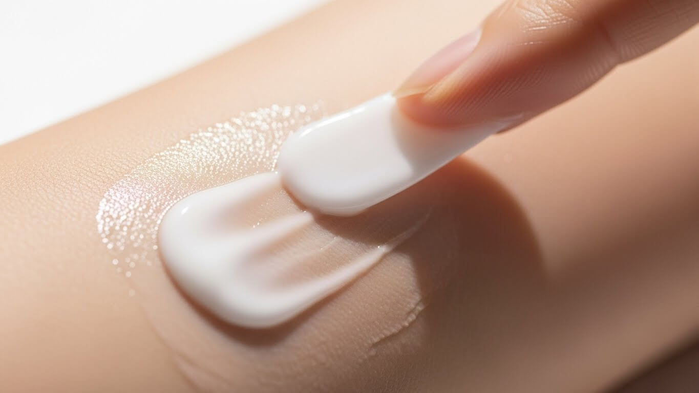 Moisturizer cream being applied to the skin, showing smooth texture and hydration in a Korean skincare routine