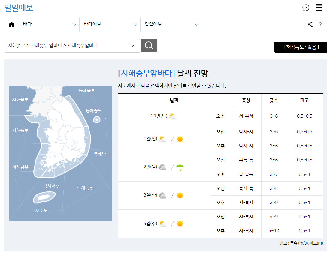 서해 먼바다 날씨 조회하기