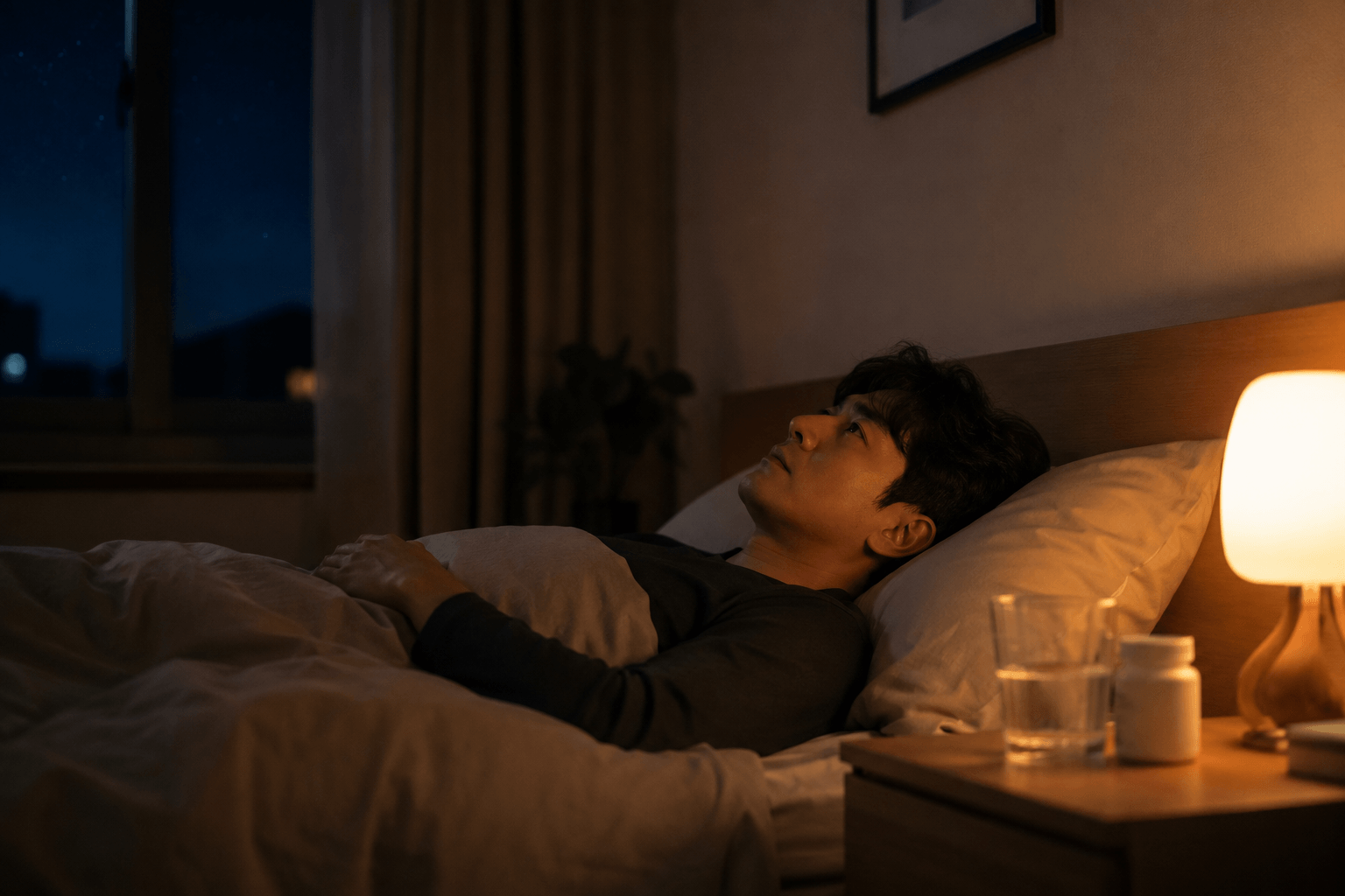 늦은 밤 침대에 누워 잠들지 못한 채 천장을 바라보는 성인과 협탁 위 물컵, 영양제, 무드등을 통해 불면증과 수면 고민을 표현