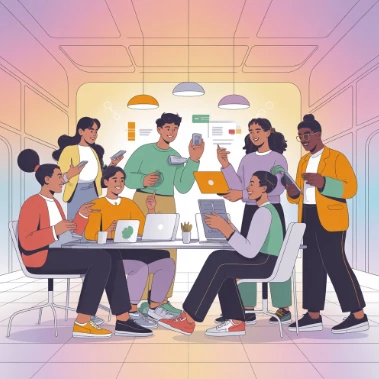 고용촉진장려금 관련 일러스트 이미지 - 노동자들이 회의실에 모여서 화목하게 회의하는 모습