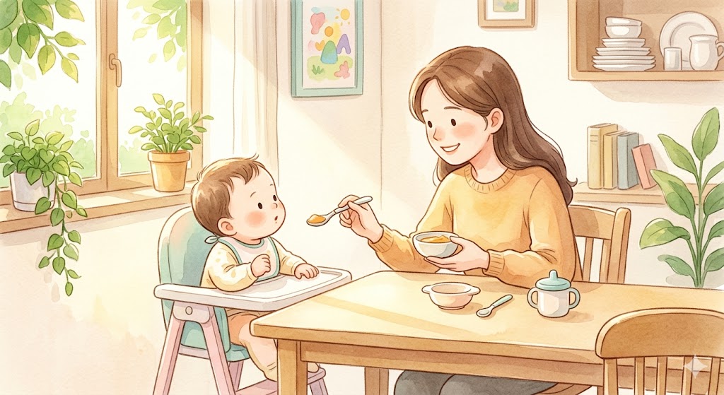 A calm mother smiling patiently while her baby looks away from a spoon during mealtime, with a small weaning bowl on a bright, cozy dining table.