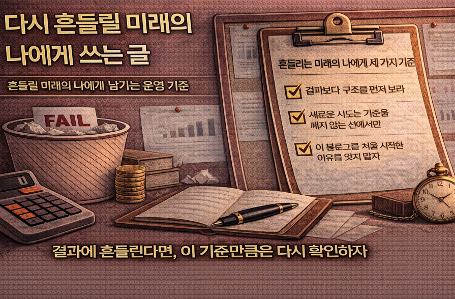 다시 흔들릴 미래의 나에게 운영 기준을 남기는 블로그 글 대표 썸네일 이미지, 흔들림 속에서도 기준을 되찾는 메시지를 담은 기록형 일러스트