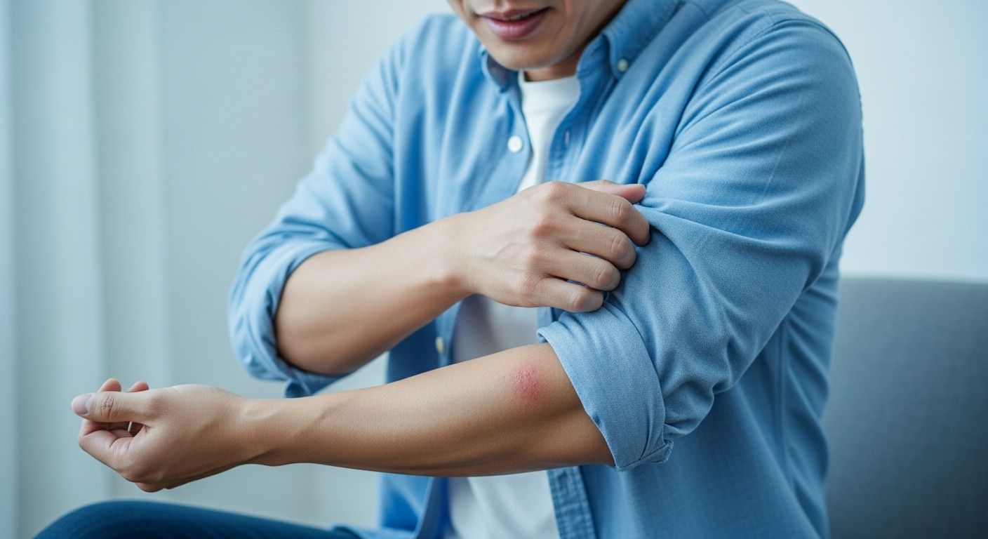 알레르기 반응으로 팔을 끍고있는 남성