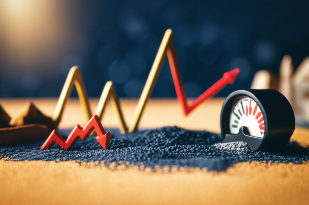 중동 지정학적 긴장, 유가 급등, 주가 하락을 시각화한 미니어처 디오라마 스타일, 틸트시프트 효과 이미지