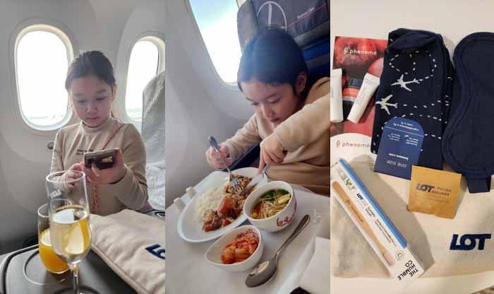 Lot항공 비즈니스 좌석 웰컴티-주스와 샴페인, 기내식, 어메니티