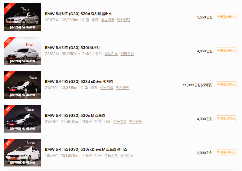 BMW 5시리즈 중고차 가격 시세표 고속 시내 연비