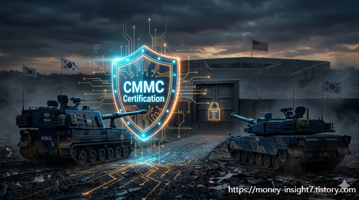 미국 국방부 CMMC 사이버보안 인증 장벽을 마주한 대한민국 육군 K9 자주포와 K2 흑표 전차의 드라마틱한 가상 그래픽, 펜타곤 공급망 진입 규제를 상징하는 자물쇠가 채워진 문과 디지털 보안 방패 이미지