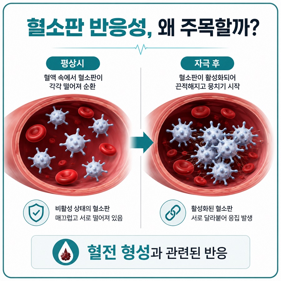 평상시 혈소판과 자극 후 서로 달라붙는 혈소판 반응을 비교한 인포그래픽