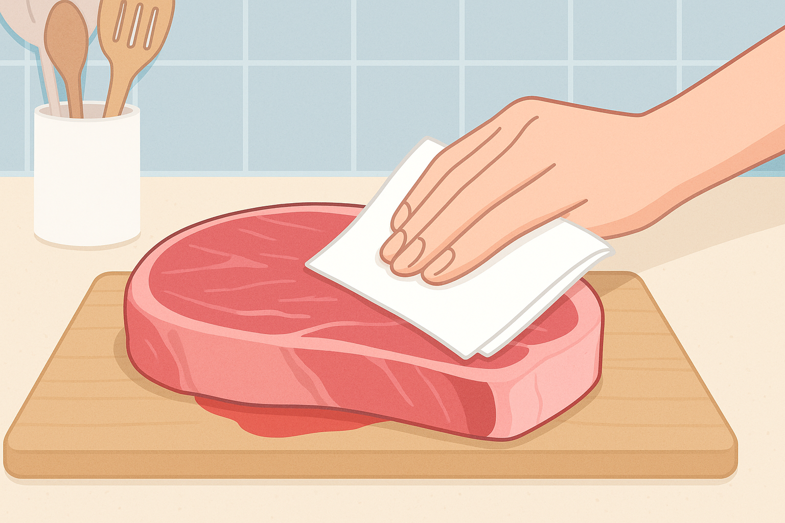 고기 표면의 핏물을 키친타월로 닦아내는 위생적인 고기 손질 장면