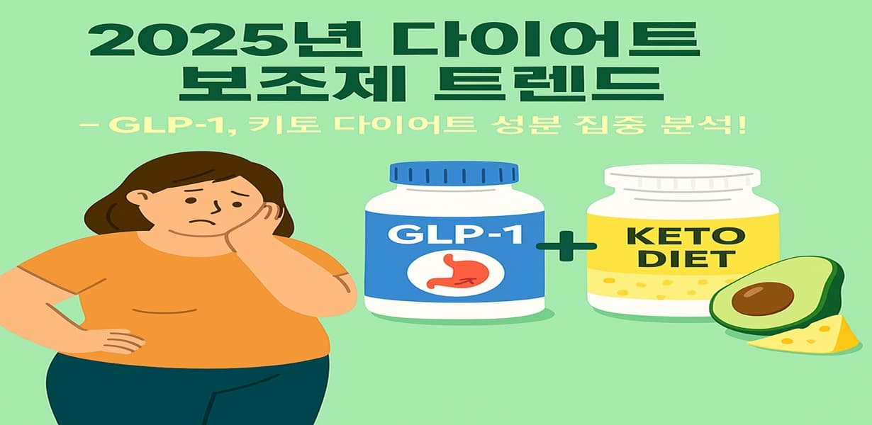 GLP-1과 키토 다이어트 보조제를 바라보는 여성과 아보카도가 함께 등장한 다이어트 트렌드 인포그래픽
