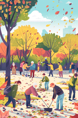 다양한 연령대의 사람들이 공원에서 쓰레기를 줍는 봉사 활동을 하는 일러스트. 중장년층, 노인, 아이들이 함께 밝은 미소를 지으며 청소하고, 푸른 나무와 가을 단풍이 어우러진 따뜻한 배경.