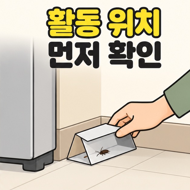 활동 위치 먼저 확인이라는 문구 아래 냉장고 옆에 놓인 바퀴벌레 포획 트랩을 손으로 확인하는 그림