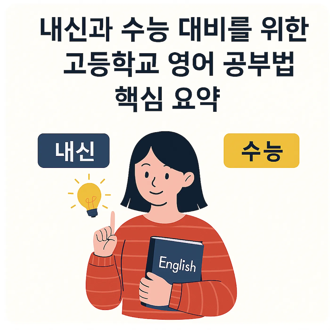 내신과 수능(CSAT)을 준비하는 고등학생이 영어 교재를 보며 공부하는 모습과 영어 공부법 핵심 요약 제목이 포함된 교육 일러스트 이미지