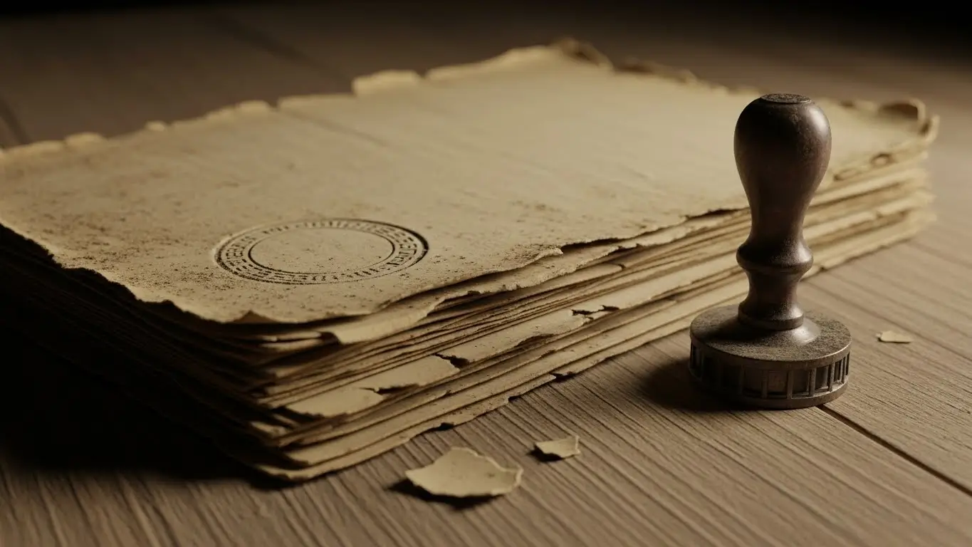 오래된 빚 서류에 소멸시효 완성이라는 도장이 찍혀 법적으로 상환 의무가 사라짐을 보여주는 이미지