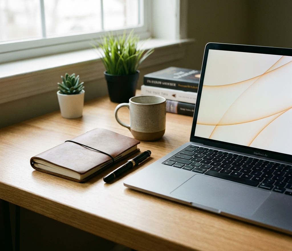 책상 위에 노트북과 빈 노트, 펜이 놓여 있는 차분하고 깔끔한 경제 공부 공간의 자연광 사진