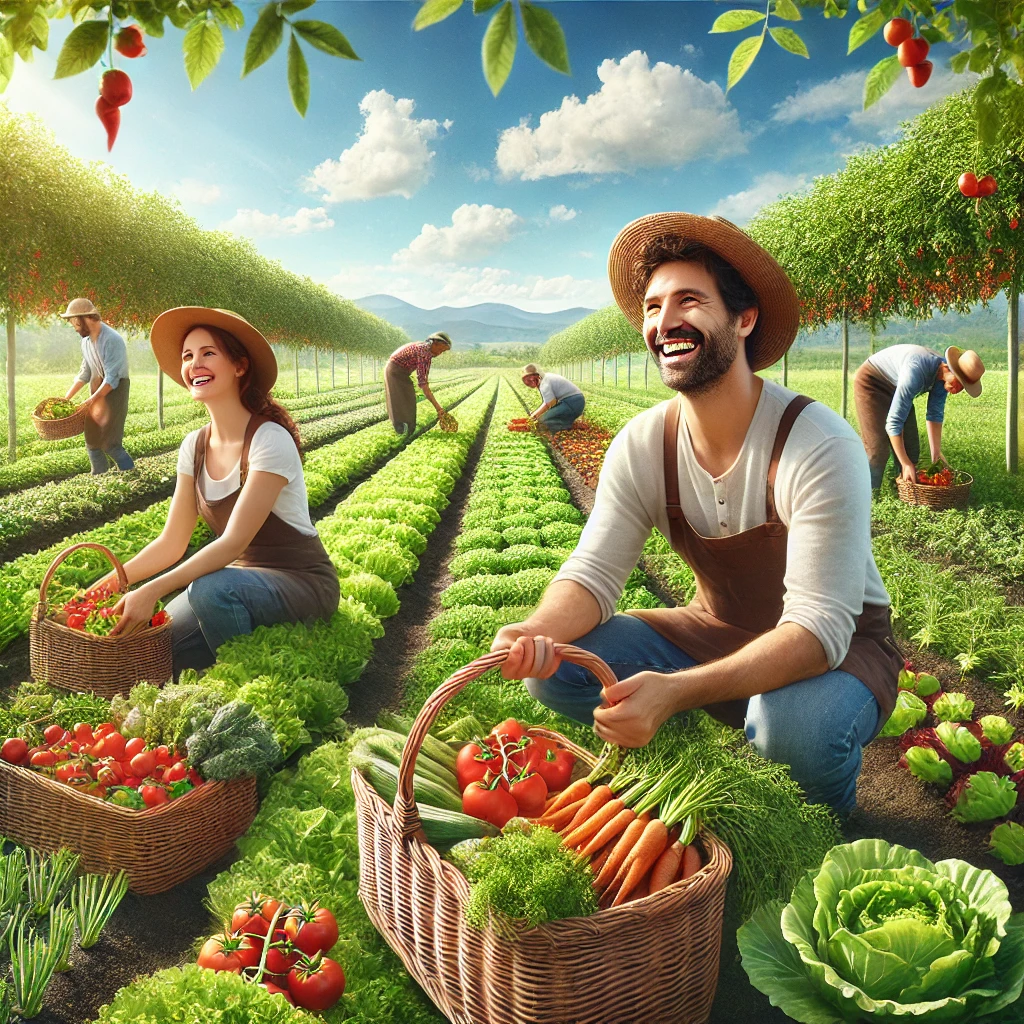 푸른 들판 위에서 유기농 채소를 수확하는 사람들이 웃으며 일하는 모습