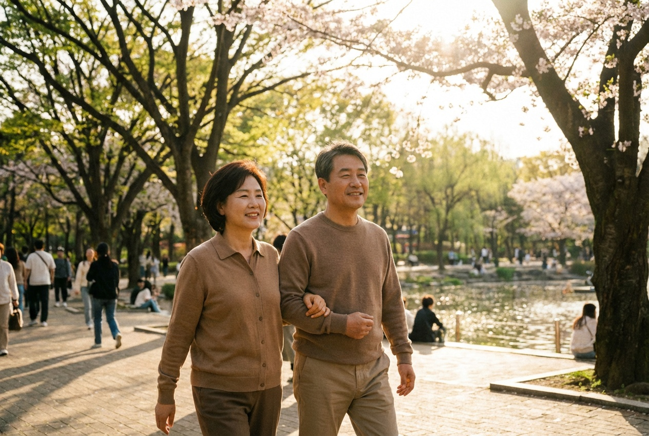 봄 햇살이 비치는 공원길을 손을 잡고 여유롭게 산책하는 중장년 부부의 모습으로, 관절·연골 건강을 관리해 활동적인 일상을 즐기는 이미지를 표현한 사진