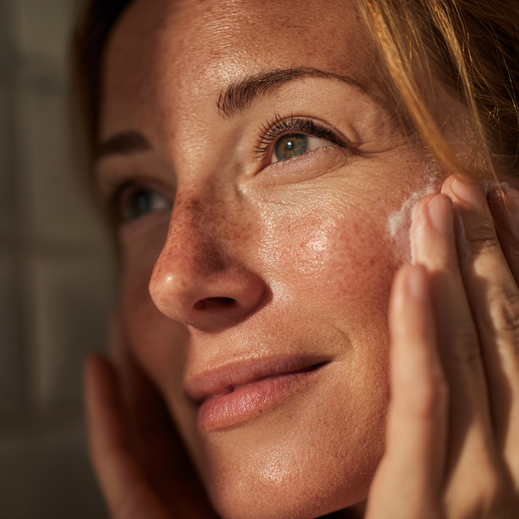 붉어진 얼굴에 로션을 바르는 여성, 실사형 이미지