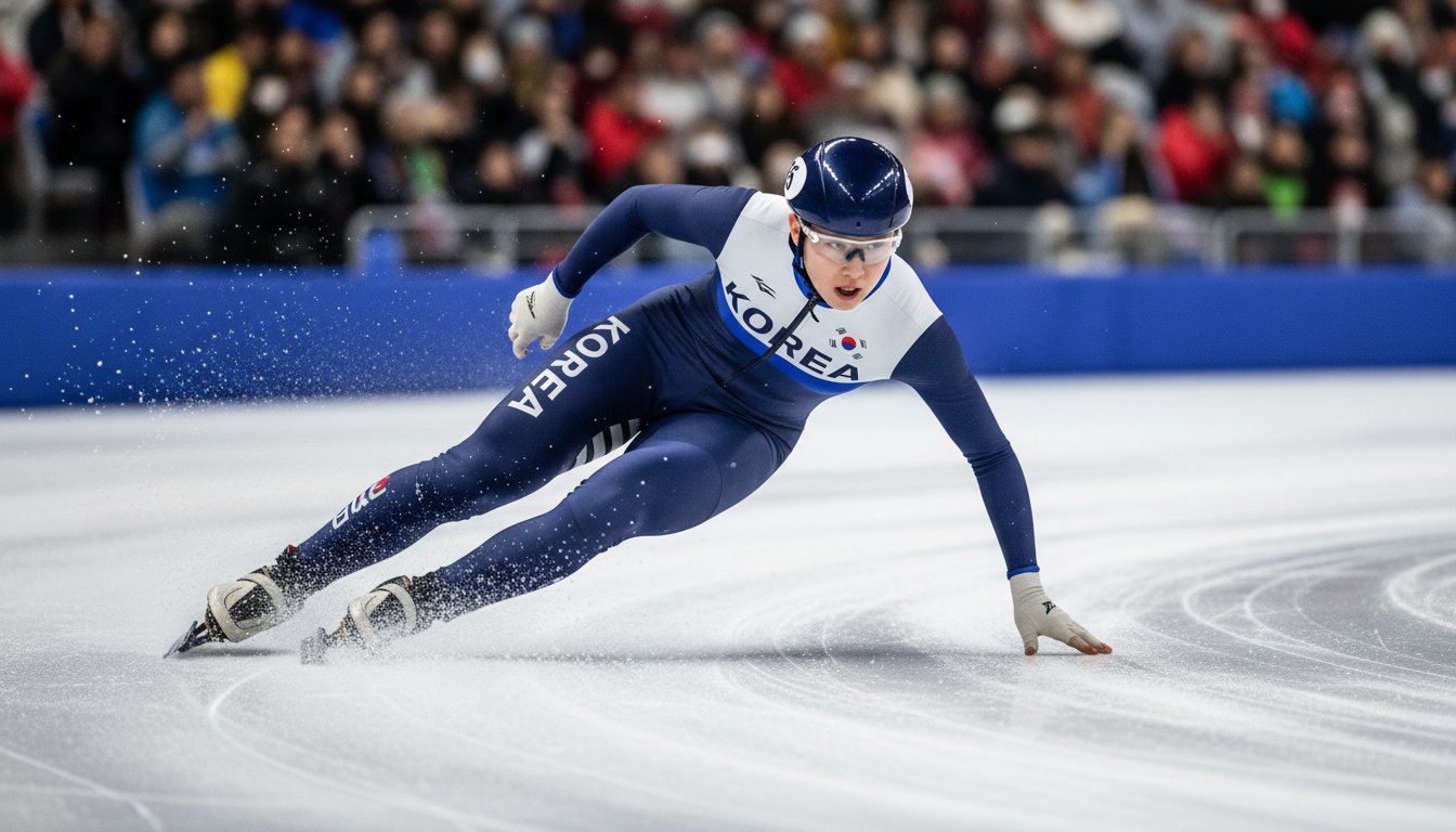 2026년 세계 대회 빙판 위를 질주하며 압도적인 스피드로 코너를 도는 대한민국 쇼트트랙 김길리 선수의 역동적인 모습